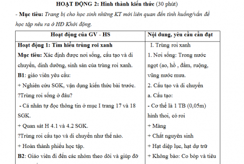 Giáo án PTNL bài 4: Trùng roi 