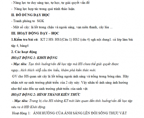 Giáo án PTNL bài 41: Ảnh hưởng của ánh sáng lên đời sống sinh vật