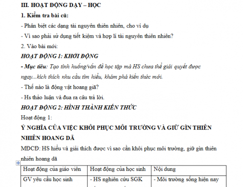 Giáo án PTNL bài 59: Khôi phục môi trường và gìn giữ thiên nhiên hoang dã