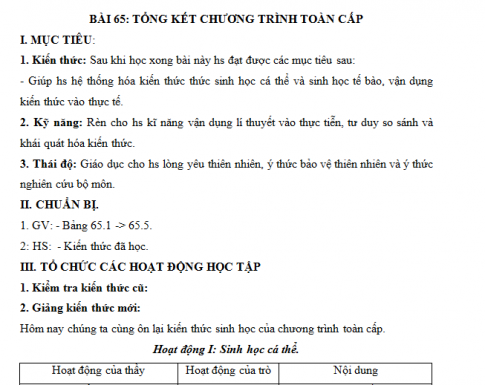 Giáo án PTNL bài 65: Tổng kết chương trình toàn cấp (Tiếp theo)