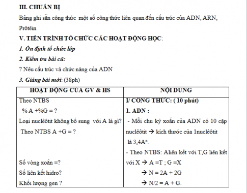 Giáo án PTNL bài: Phần bài tập ADN và ARN