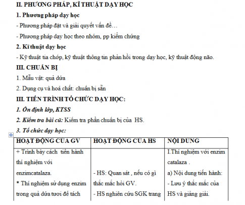 Giáo án PTNL bài 15: Thực hành một số thí nghiệm về enzim