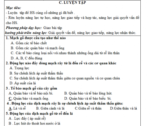 Giáo án PTNL bài 2: Vận chuyển các chất trong cây