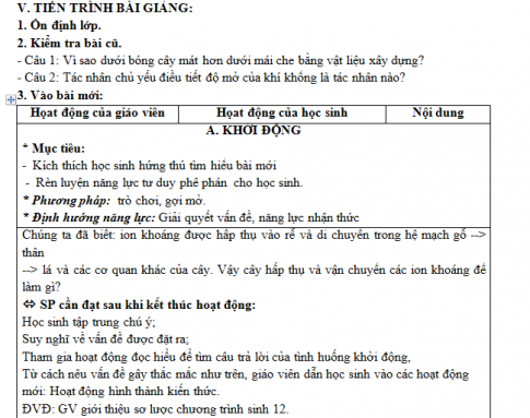 Giáo án PTNL bài 4: Vai trò của các nguyên tố khoáng