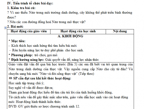 Giáo án PTNL bài 6: Dinh dưỡng Nitơ ở thực vật (Tiếp theo)