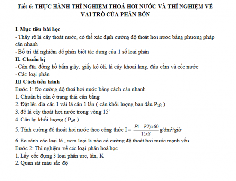 Giáo án PTNL bài 7: Thực hành thí nghiệm thoát hơi nước và thí nghiệm về vai trò của phân bón