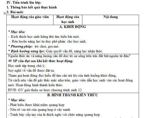 Giáo án PTNL bài 8: Quang hợp ở thực vật