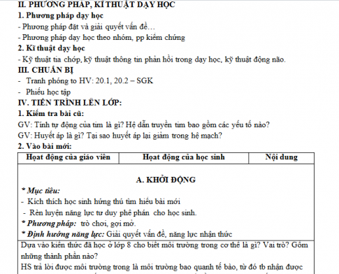 Giáo án PTNL bài 20: Cân bằng nội môi