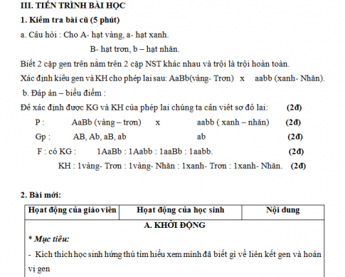 Giáo án PTNL bài 11: Liên kết gen và hoán vị gen