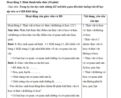 Giáo án PTNL bài 4: Có phải tất cả thực vật đều có hoa