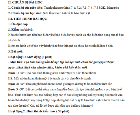 Giáo án PTNL bài 7: Cấu tạo tế bào thực vật