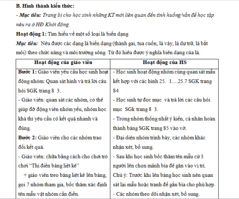 Giáo án PTNL bài 25: Thực hành quan sát biến dạng của lá