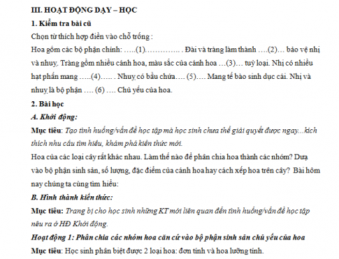 Giáo án PTNL bài 29: Các loại hoa