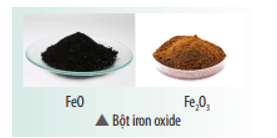 Iron oxide trong công nghiệp có hai màu cơ bản là màu đen của iron(II) oxide và màu nâu đỏ của iron (III) oxide (hình trên). Qua nhiều giai đoạn xử lí công nghiệp, các iron oxide được ứng dụng làm bột màu trong xây dựng, công nghiệp gốm sứ, …