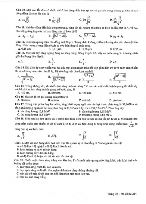 Đề và đáp án môn Vật lí mã đề 214 thi THPT quốc gia năm 2017 - đáp án của bộ GD-ĐT