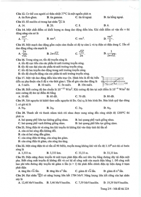 Đề và đáp án môn Vật lí mã đề 224 thi THPT quốc gia năm 2017 - đáp án của bộ GD-ĐT