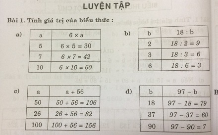 Giải bài Luyên tập Biểu thức có chứa 1 chữ