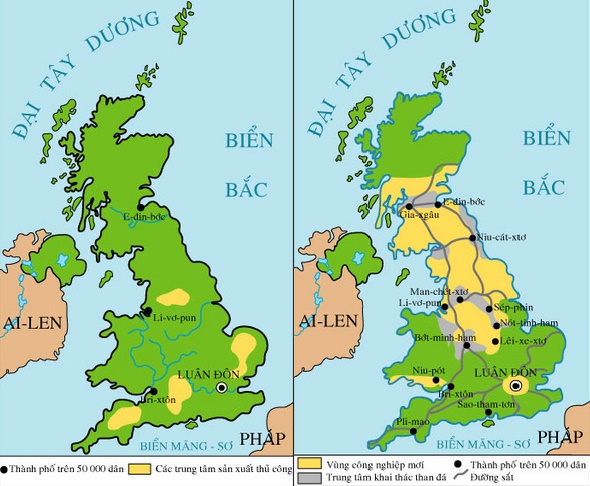 Quan sát hai lược đồ trên, em hãy nêu những biến đổi ở nước Anh sau khi hoàn thành cách mạng công nghiệp?