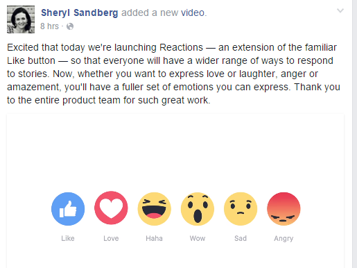 Thông tin facebook thêm các cảm xúc Love, Haha, Wow, Sad, Angry 